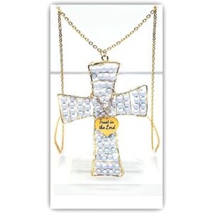 Handmade Swarovski Crystals Pearls Cross Long Necklace "Trust in the Lord"